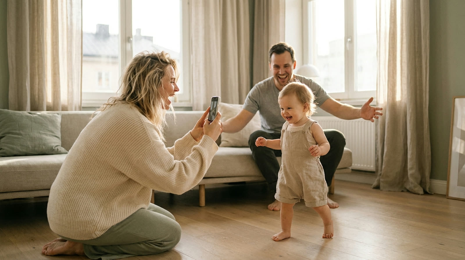 A family captures their child's first steps